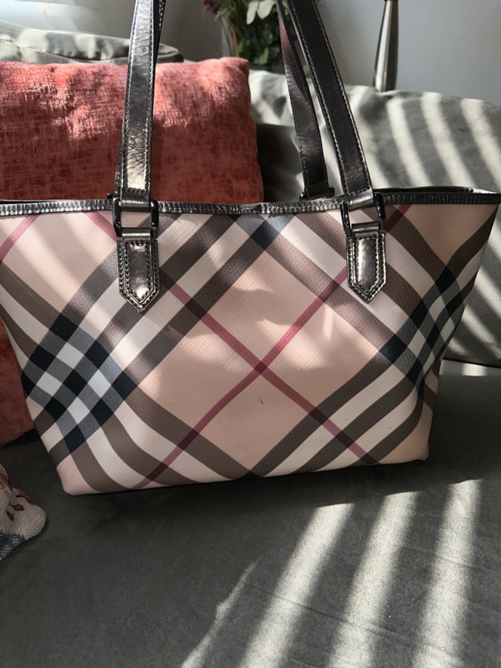 Burberry Tote Bag with Pewter Trim and leather strap